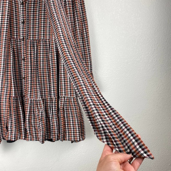 Sezane Selena Dress Lurex Tiles Print Check Tiered Mini Tie Neck Long Sleeve 42 - Picture 8 of 13